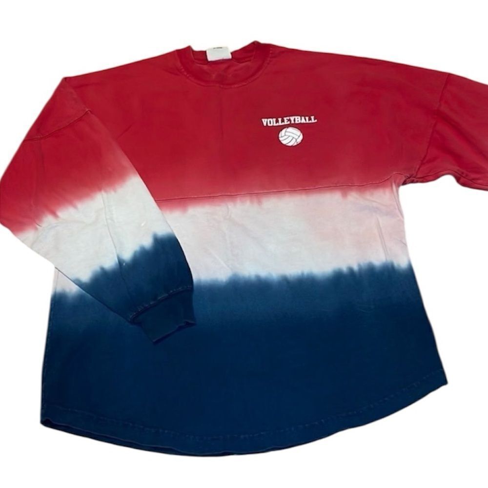 Volleyball Sweatshirt, Pullover, tie dye red white blue, white oversized  XS